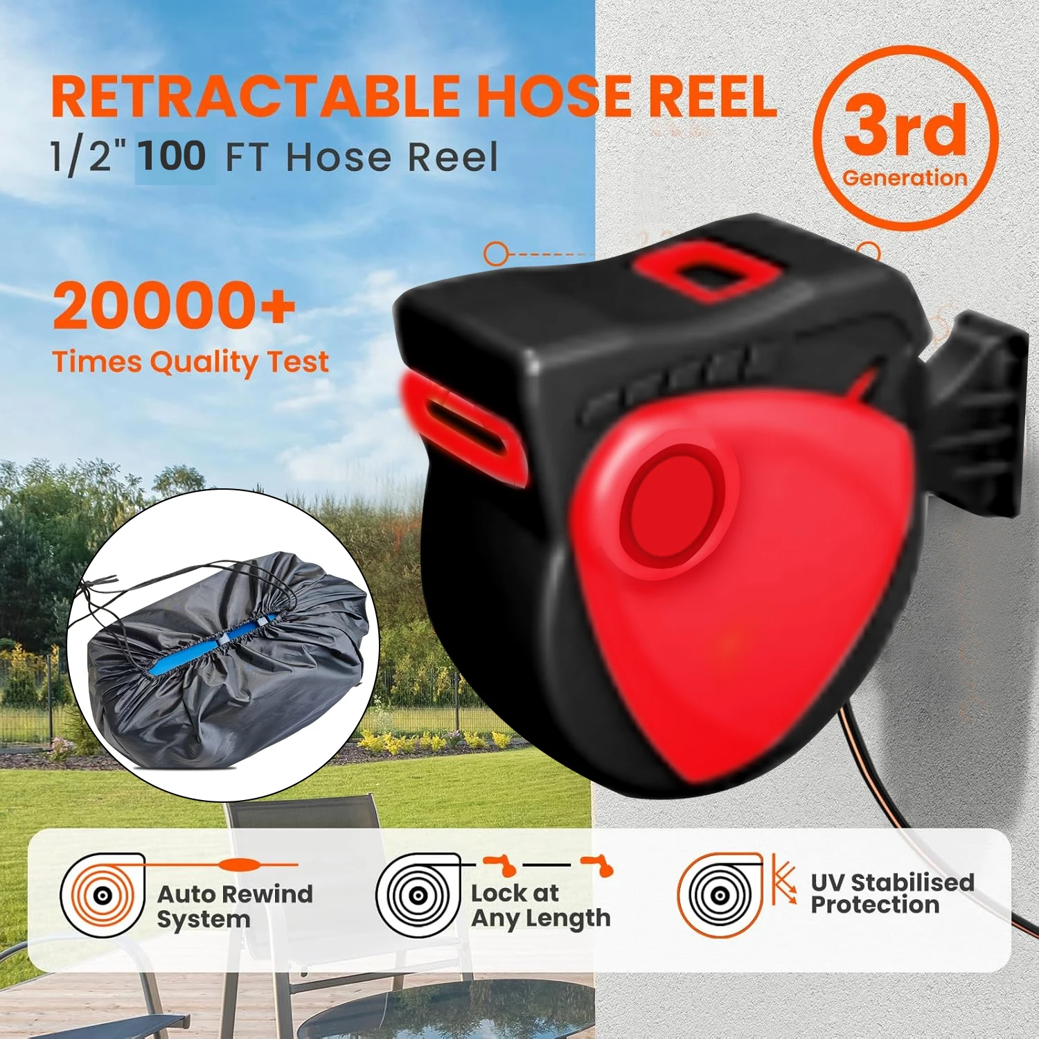 100 قدم/30 م، 1/2 بوصة حديقة قابلة للسحب، بكرة خرطوم، مثبتة على الحائط، 9 فوهة وظائف، ترجيع تلقائي، حقيبة تخزين #1