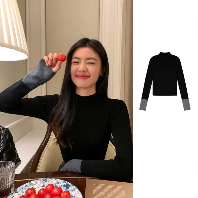 

2023 Autumn and Winter Long-sleeved Half-high Neck T-shirt Female Collision Color Bottoming Shirt Tops