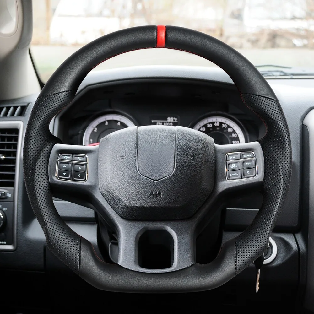 Full Leather Heated Steering Wheel With Red Leather Top Stripe Fit For Dodge RAM 1500 2500 3500 2012-2018 Finger Grips Car Accessories