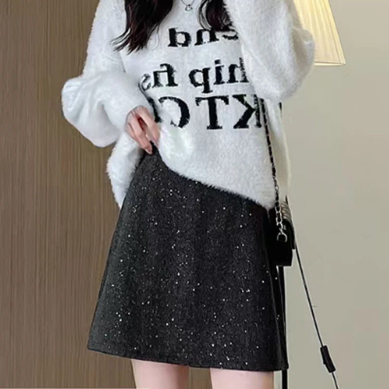 กระโปรงทรงเอไลน์ผู้หญิงแฟชั่นเกาหลี ประดับเลื่อมวิบวับ เอวสูง ทรงเข้ารูป กระโปรงสั้น ผู้หญิง ฤดูใบไม้ร่วง ฤดูหนาว ซิป สีเทา