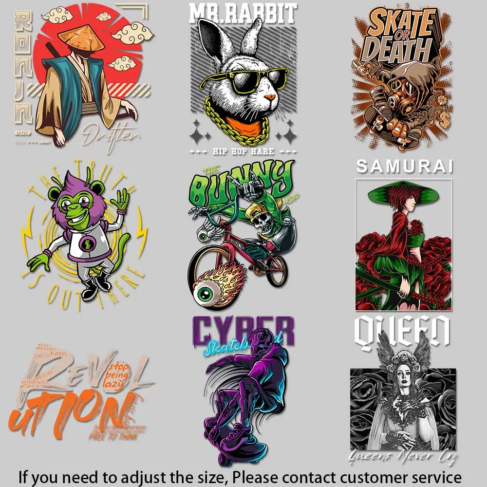 Urban Street Style Iron On Transfers - Vibrant Skate, Rose, Mask & Hustle Graphics for Apparel Customization