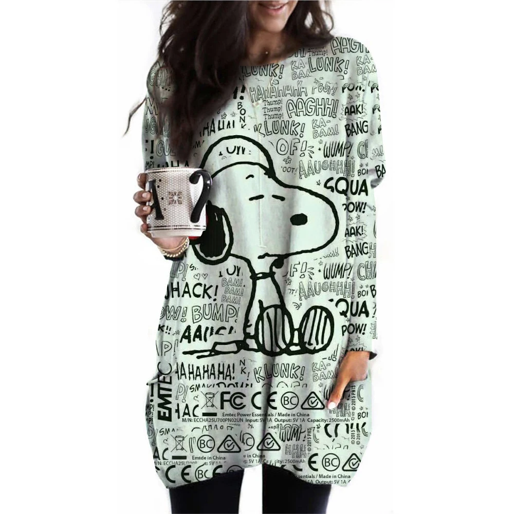 2024 Women\'s Long Sleeve Pocket Waist Top Snoopy Printed Women\'s Casual Loose Hoodie Plus Size Clothing