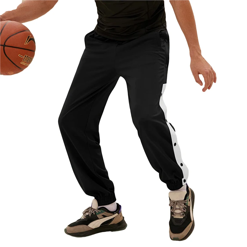 Men Casual Sweatpants Side Button Elastic Waist Contrast Color Sports Pants Trousers with Pocket