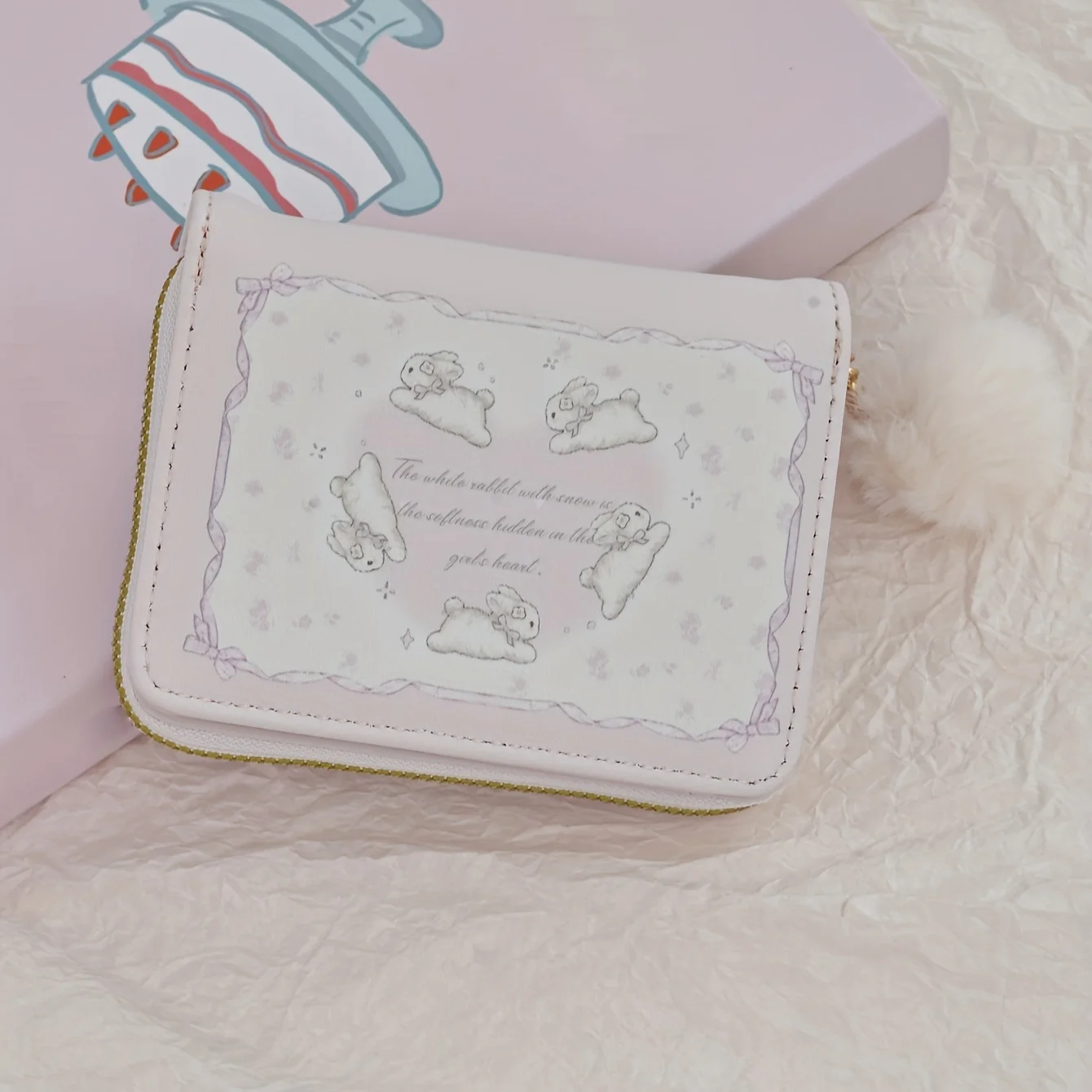 Cute Rabbit Cartoon Pattern Pink and White Bi-Fold Wallet with Gold Snap Closure, Multi-Card Slot Design, and Detachable Fur Ball Chain——Stylish Women's Student Id Card Holder, Cute Wallet, Student Accessory
