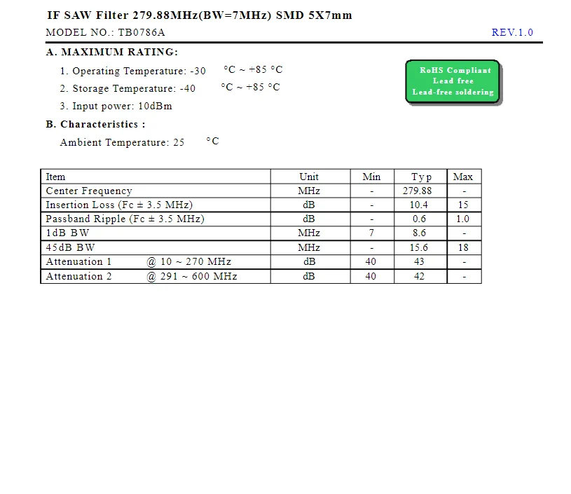 Tb0786a 279.88MHz(BW = 7MHz) new original filter (1 PCs)