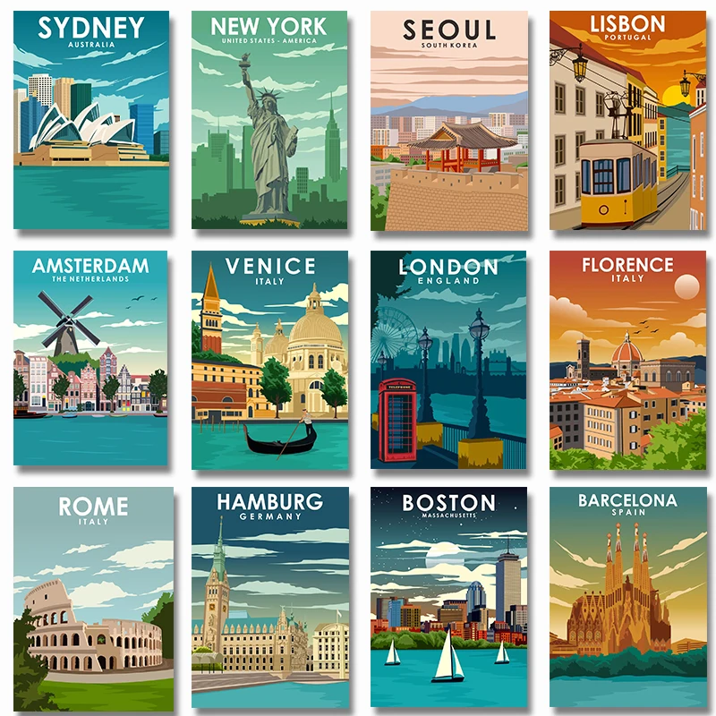 Nordic Retro City Travel Poster London New York Lisbon Venice, Sydney Rome Italy Canvas Painting Modern Picture Room Home Decor