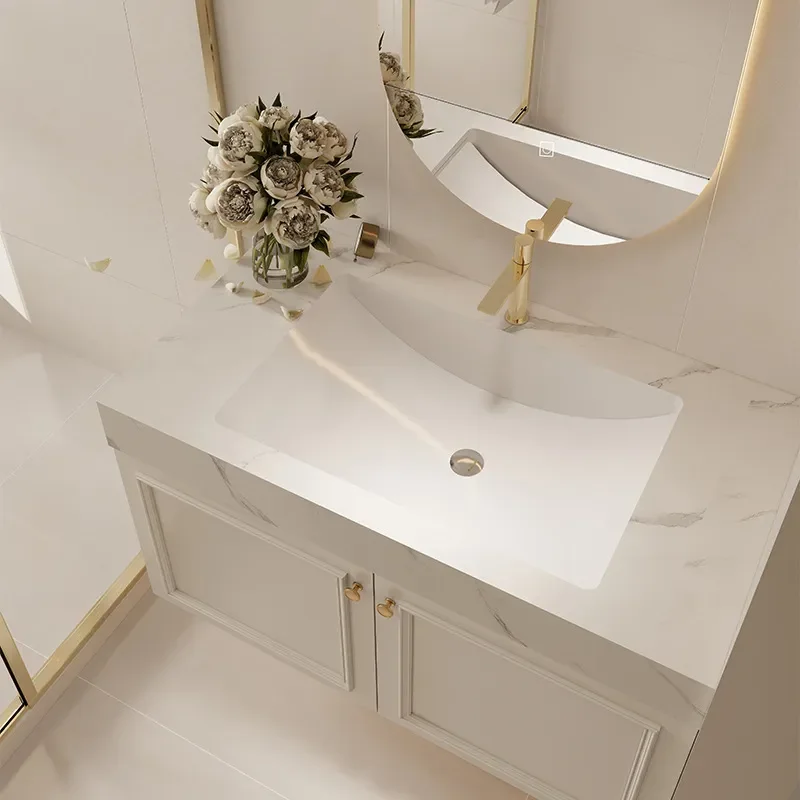 for French Style Wall Mounted Bathroom Cabinet with Rock Slab Sink and Painted Door Panel Washbasin Vanity Combination