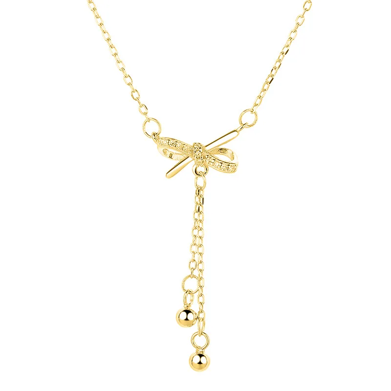 

S925 Sterling Silver Bowknot Tassel Necklace for Women - Simple Bead Pendant, Sweet and Stylish Clavicle Chain