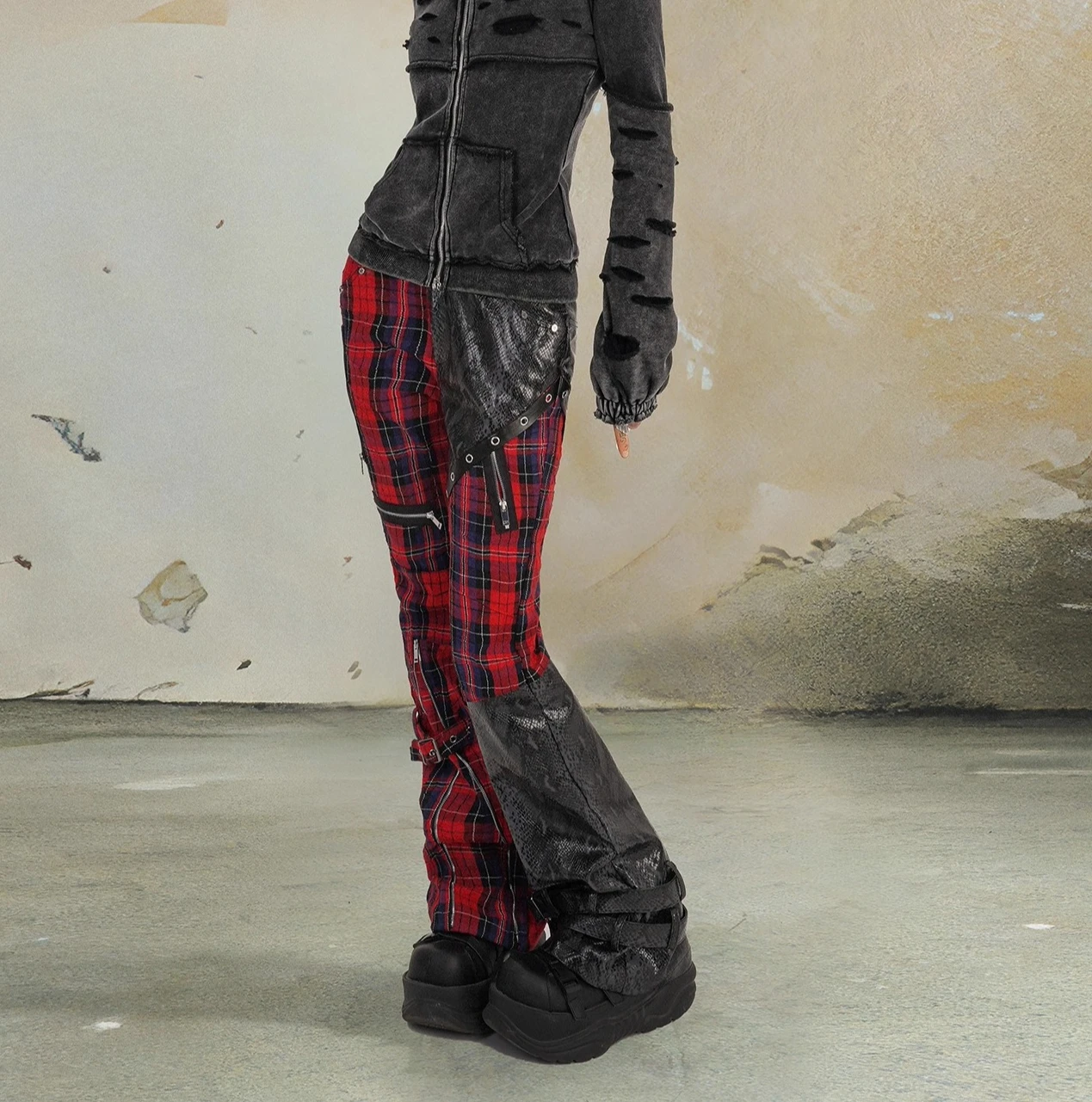 Punk Street Leather Black Red Plaid Street Slim Fashion Trousers Spring Autumn Personalized Girl Versatile High Waist Trouserses