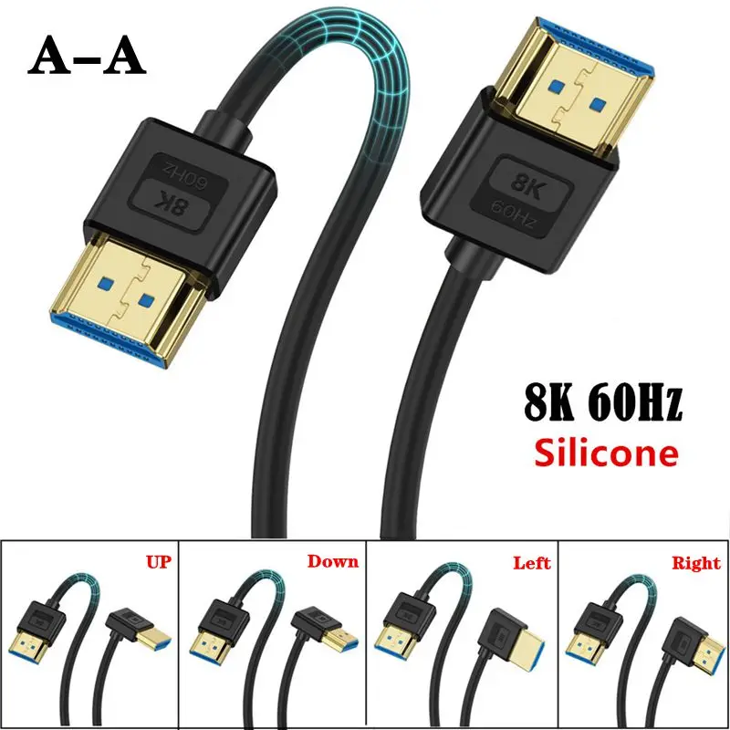 Silicone HDMI Compatible 2.1 Version Elbow Flexible Thin Wire Supports 10K 96Hz Resolution 8K 60Hz Compatible 4K 240HZ@4K 144HZ