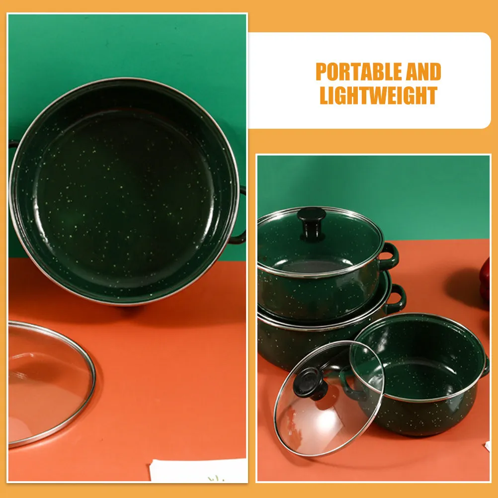 3Pcs Enamel Stew Pot Cooking Set Retro Mini Kitchen Stockpot Soup Pot Induction Gas Stove Green Stockpot with Lid