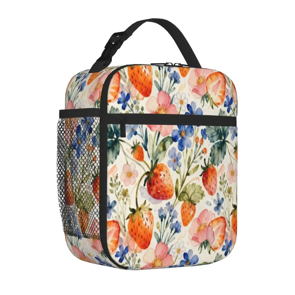 Hot Sale Wild Strawberries Watercolor Travel Style Lunch Bag Playground Snack Leakproof Lunch Bag