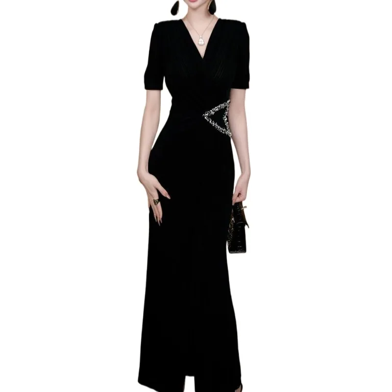 

Temperament Elegant Light Luxury Diamond-encrusted Waist Black Dress Summer New High-end Royal Sister Fan V-neck Long Dresses