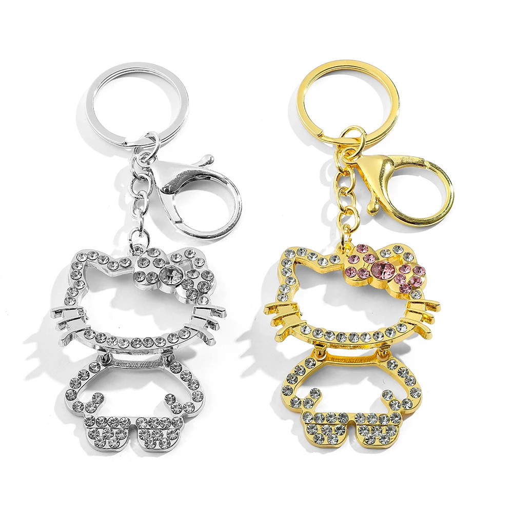 سانريو مرحبا كيتي حجر الراين سلسلة المفاتيح للنساء ، كاواي الكرتون ، حقيبة قلادة معدنية ، حلقة سيارة لطيف ، الهدايا