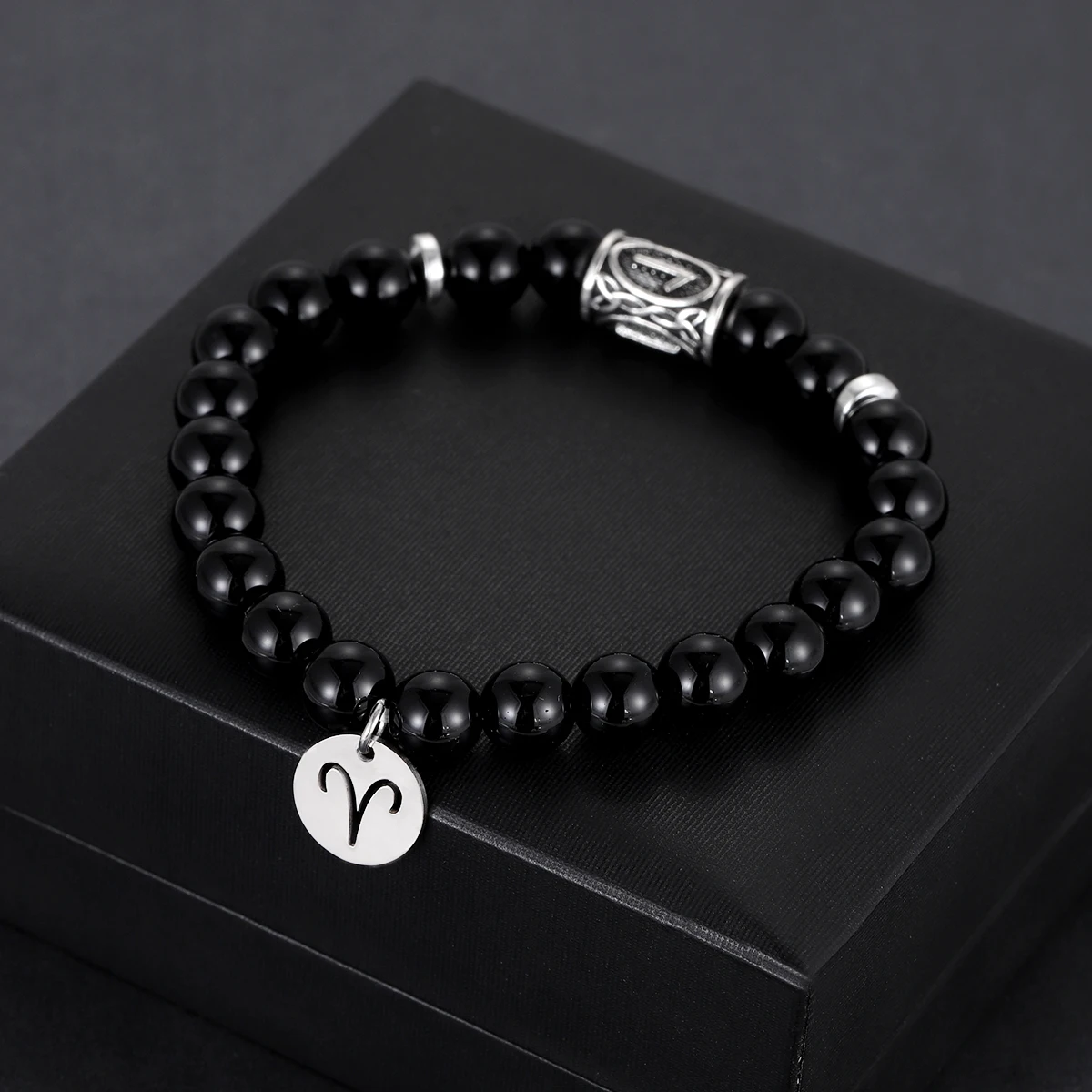Fashion Bright Obsidian Beaded Bracelet Men 8mm Natural Stone Viking Rune Constellation Pendant Bracelets Jewelry Pulseras Homme