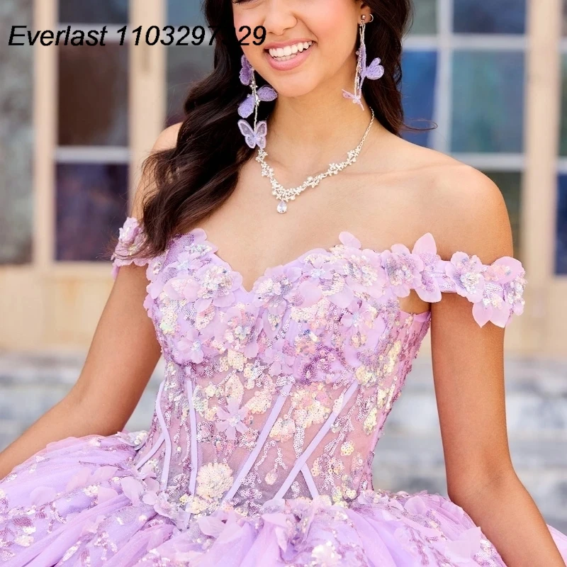 EVLAST Personalizzato Lilla Abito Quinceanera Abito di Sfera Con Spalle Scoperte Applique In Pizzo Che Borda Dolce 16 Abiti Da 15 Anos TQD748