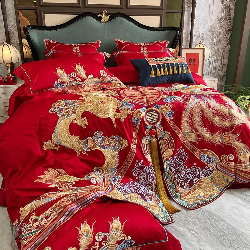 Chinese Luxury Wedding Bedding Set, 1000TC Egyptian Cotton, Gold Loong Phoenix Embroidery Duvet Cover, Bed Sheet, Pillowcases