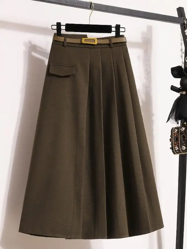 Elegant Black Woolen Suit Skirt Midi Pleated Skirt Korean Style High Waist A-Line Silhouette Single-Breasted Button Design