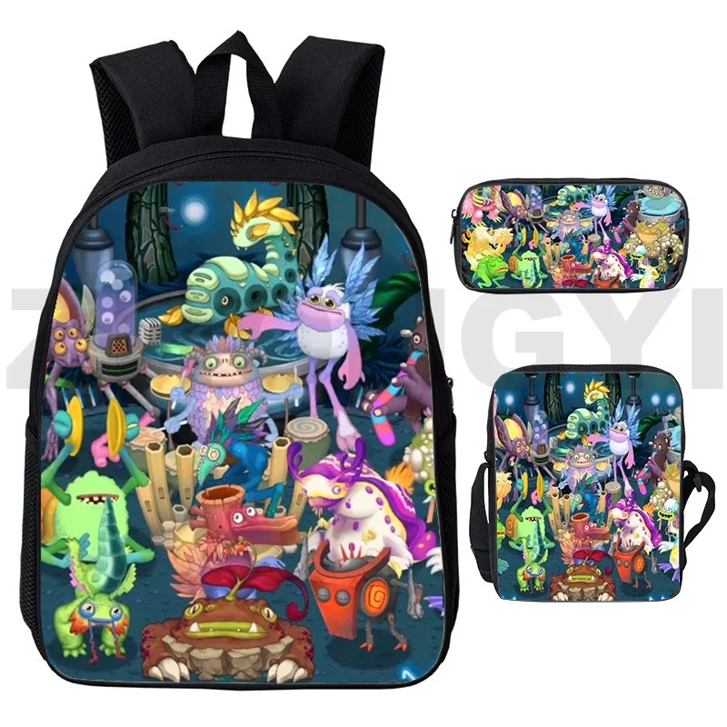 Styl Preppy 3D My Singing Monsters gra plecak 3 sztuk/zestaw Anime Travel Laptop mężczyźni Mochila 12/16 Cal dla dzieci Cartoon School Bags