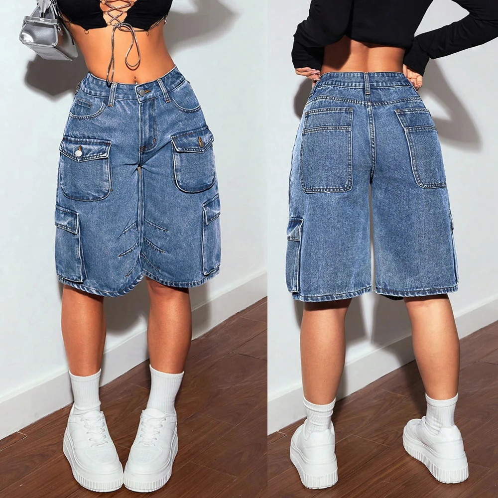 

Модные женские джинсовые шорты-карго с карманами, лето 2022, повседневная женская уличная одежда, мешковатые джинсовые шорты Y2k с высокой талией