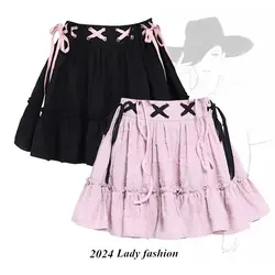 Japanese Kawaii Pleated Cake Mini Skirt Women Sweet High Waist Bow Lace Up Fairy Y2k Skirt Harajuku A-line Slim Lolita Skirts