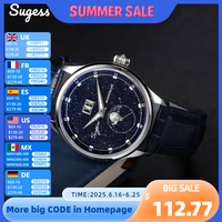 Sugess Moonphase Watch of Men 40mm Automatic Mechanical Wristwatches Origin ST2528 Movement Stainless Steel Blue Sandstone Dials