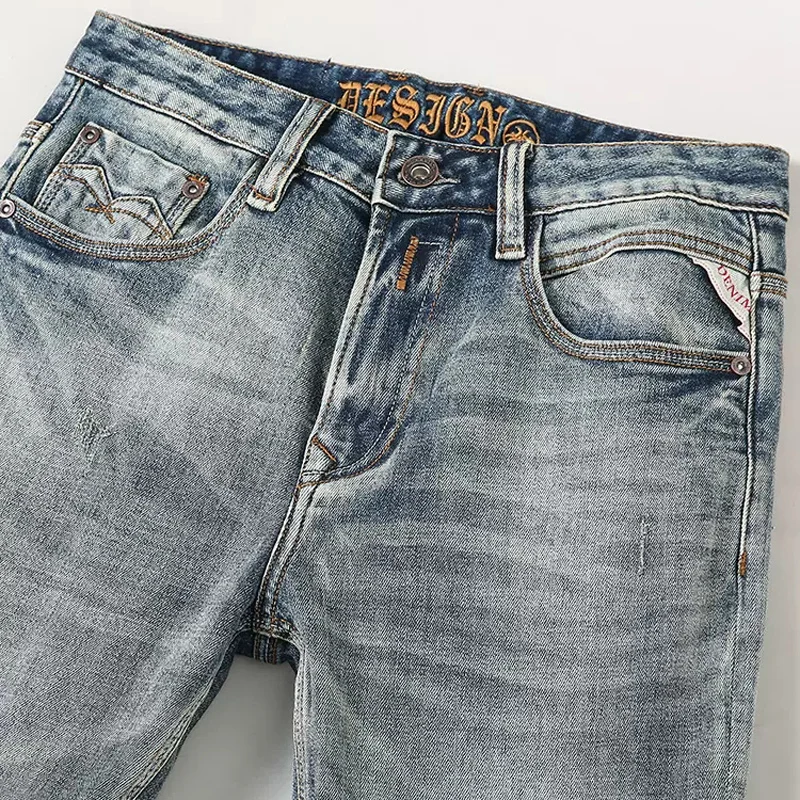 Newly Designer Fashion Men Jeans High Quality Retro Gray Blue Elastic Slim Ripped Jeans Men Italian Style Vintage Denim Pants