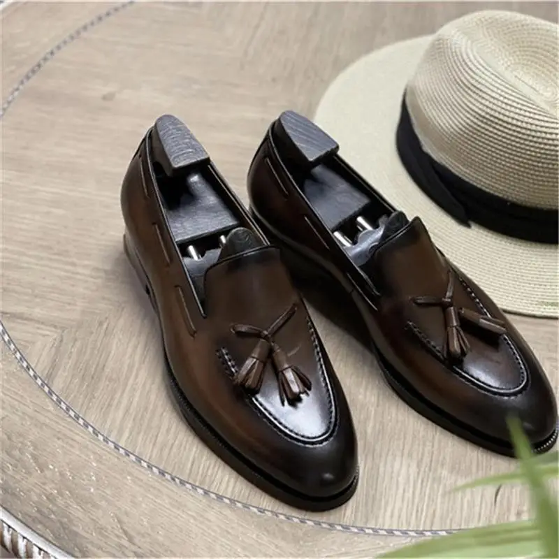 Men Loafers Leather Round Toe Low Heel Classic Fringe Slip-On Fashion Comfortable Business Casual Daily Men Shoes