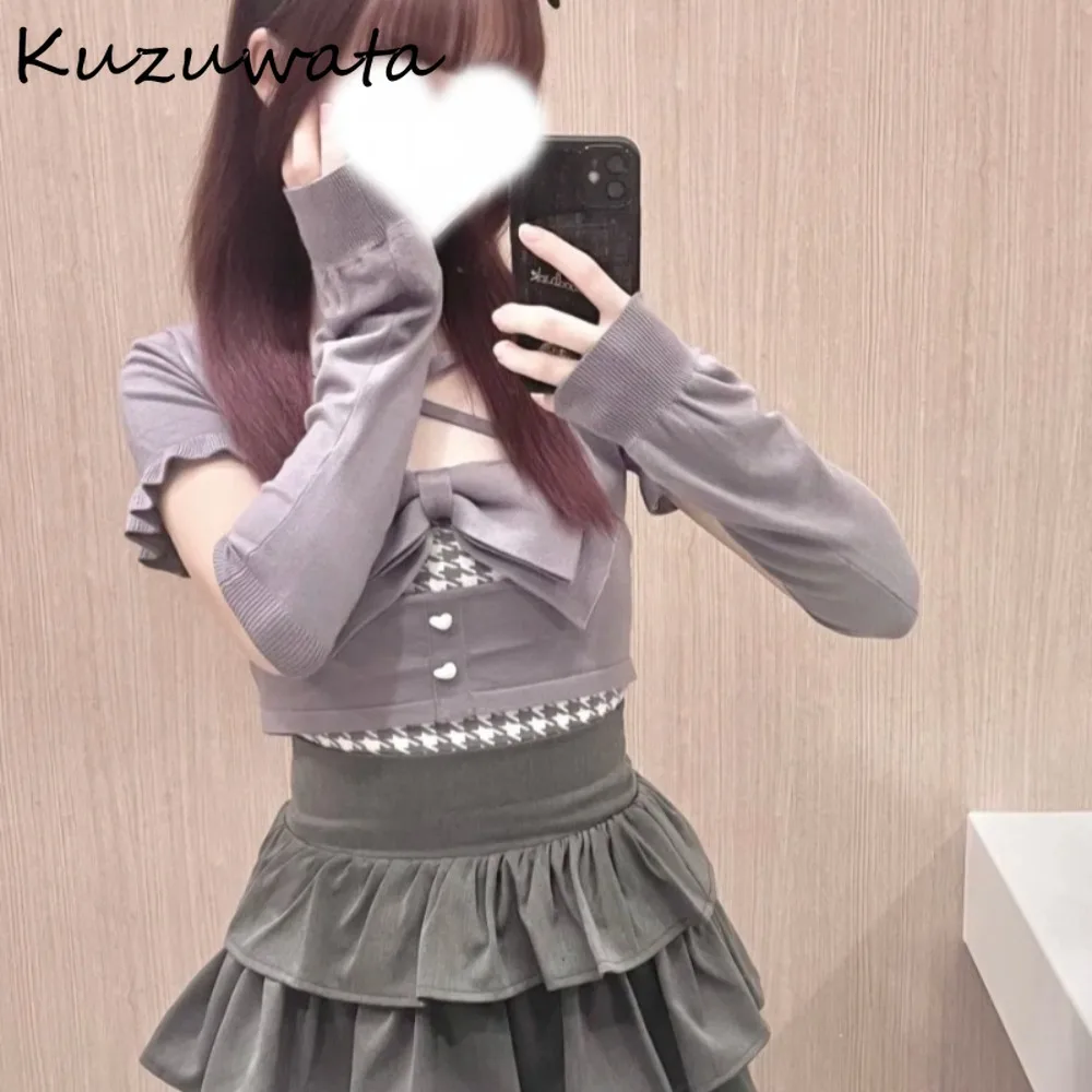 

Kuzuwata Lovely New Cross Lace Up Ropa Mujer Bow Hollow Out All-match Casual Blouses Japan Fungus Patchwork Panelled Moda Tops