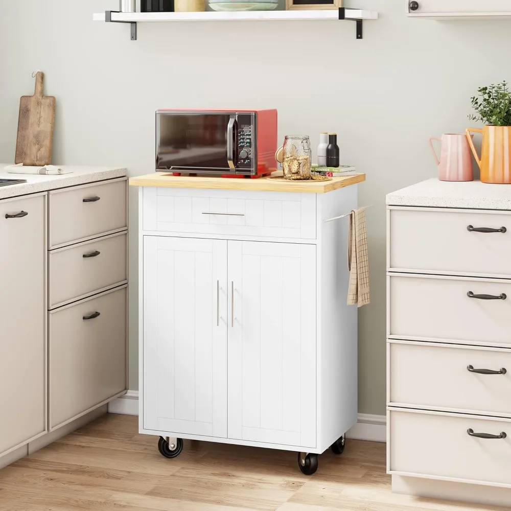 Shintenchi Kitchen Island Cart with Storage,Rolling Side Table on Wheels with Large Worktop, Cabinet,Towel Rack and Drawers