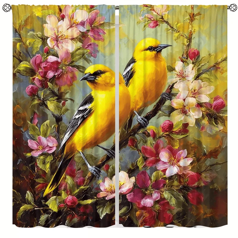 Yellow bird-print curtains made of branches, installed using pocket rods, suitable for bedrooms, living rooms, and decoration.
