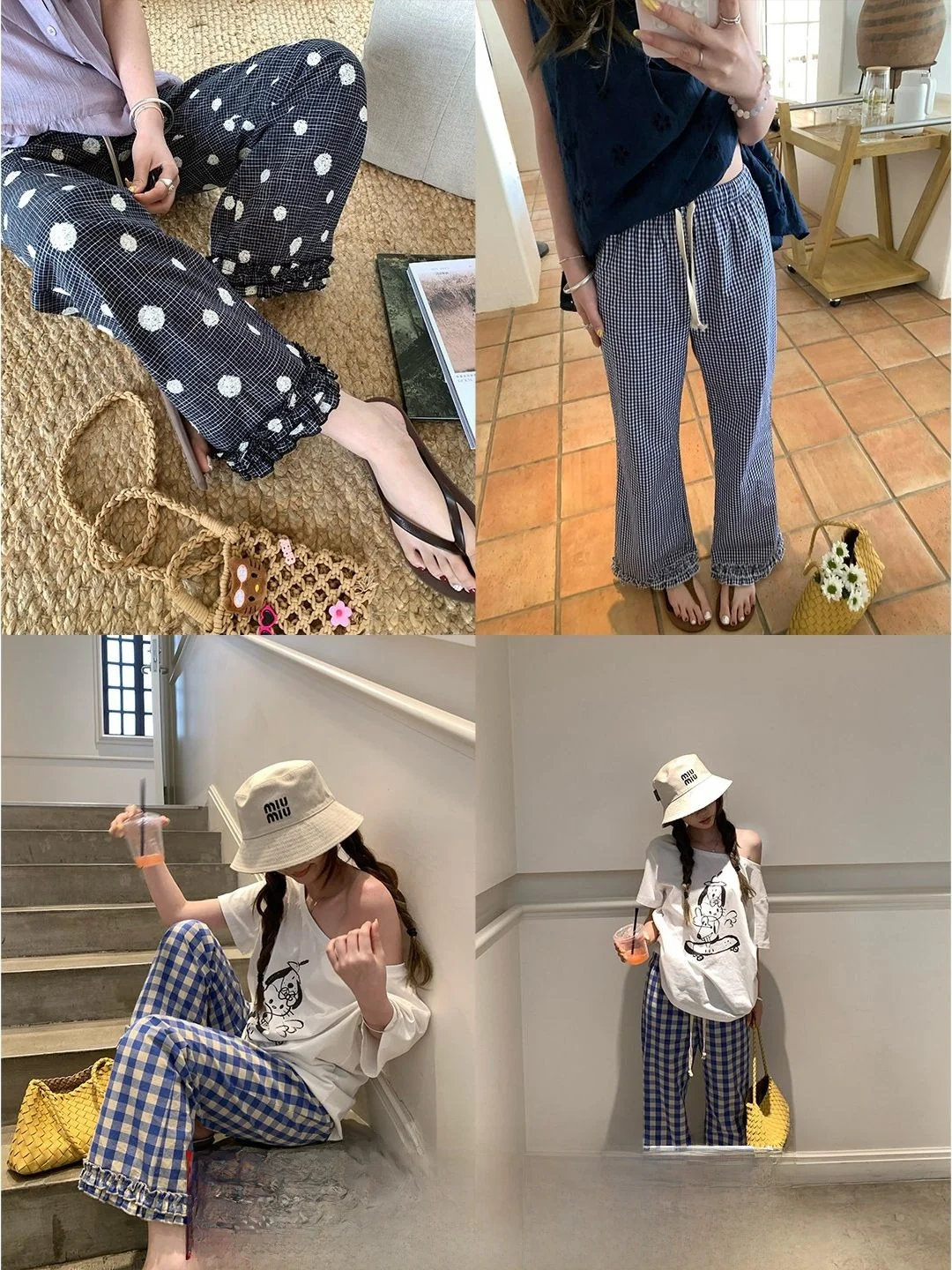 

Женские летние повседневные брюки прямого кроя с вышивкой в клетку, микро-клеш, корейский стиль, хлопок