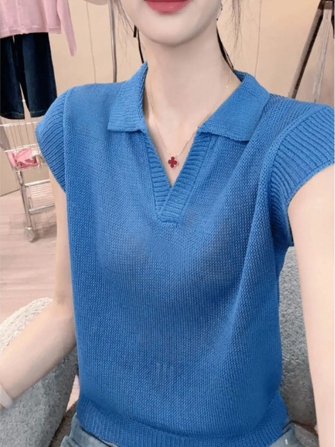 Klein Blue Knitted T-Shirt Women's Summer Fashionable Top Turn-down Collar Miniature Sleeve Korean Style Loose Fit  Color