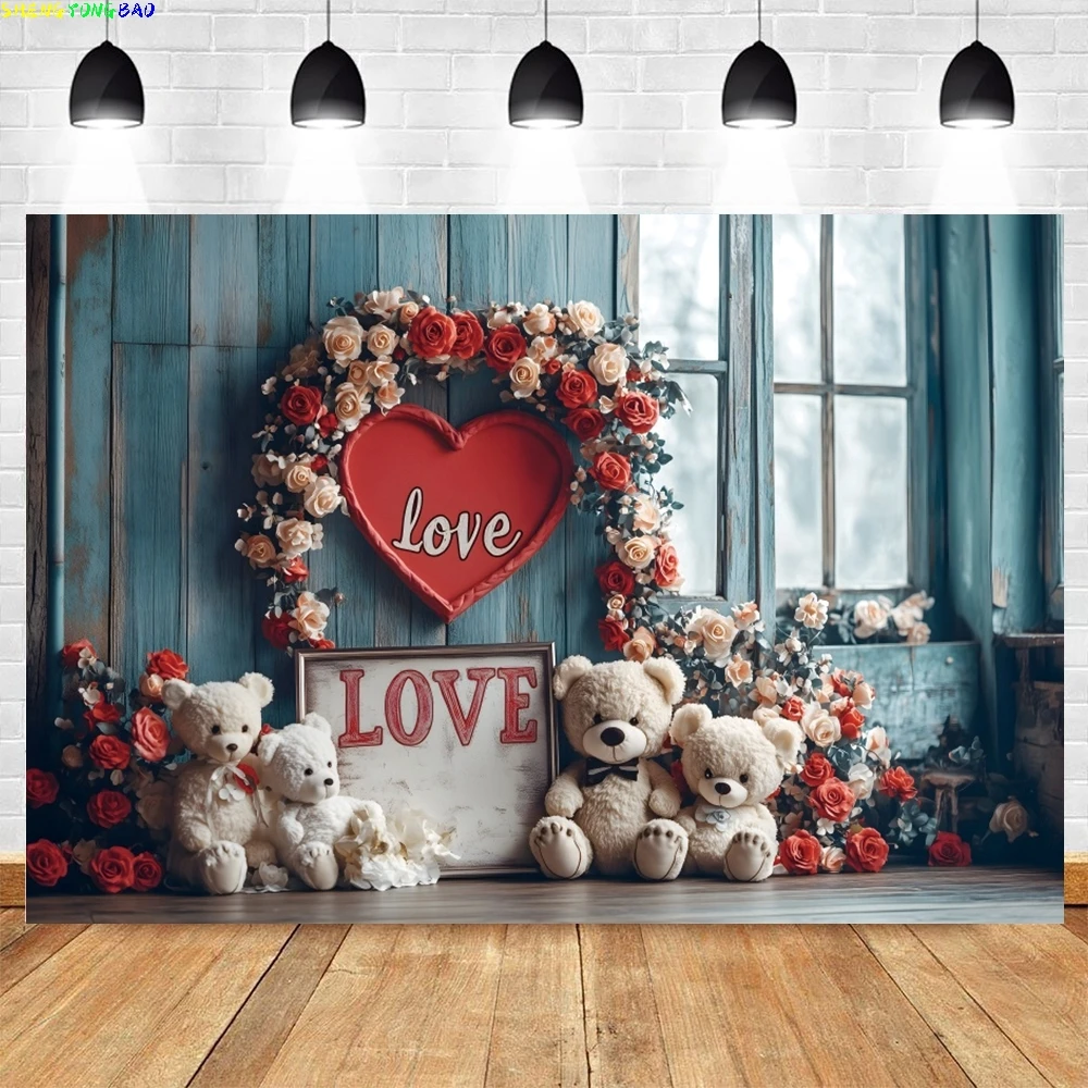 

Happy Valentine's Day Theme Backdrop Romantic Rose Flower Love Heart Wooden Door Wedding Couple Portrait Photography Background