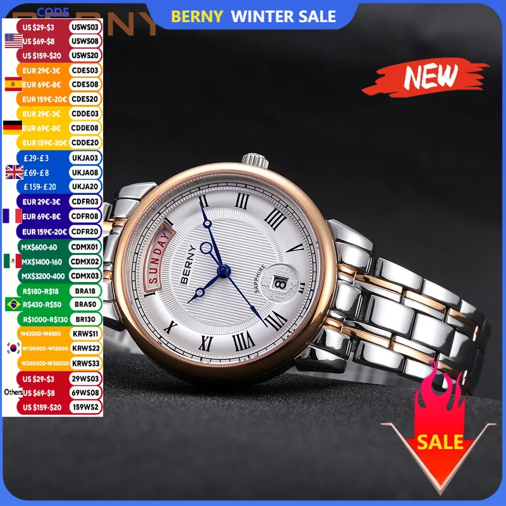 BERNY Quartz Watch for Women Movement VJ45 Watch Roman Calendar Wristwatches Sapphire Solid Steel Strap Waterproof Luxury Lady