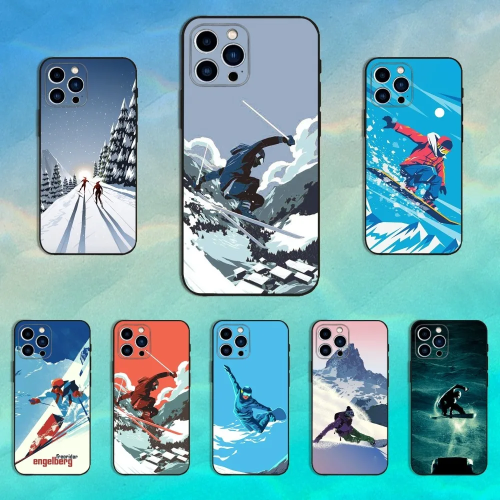 

Sports Snowboarding Phone Case For iPhone 16,15,14,13,12,11 Plus,Pro Max,XS,X,XR,SE,Mini,8,7,Soft Silicone Black Cover