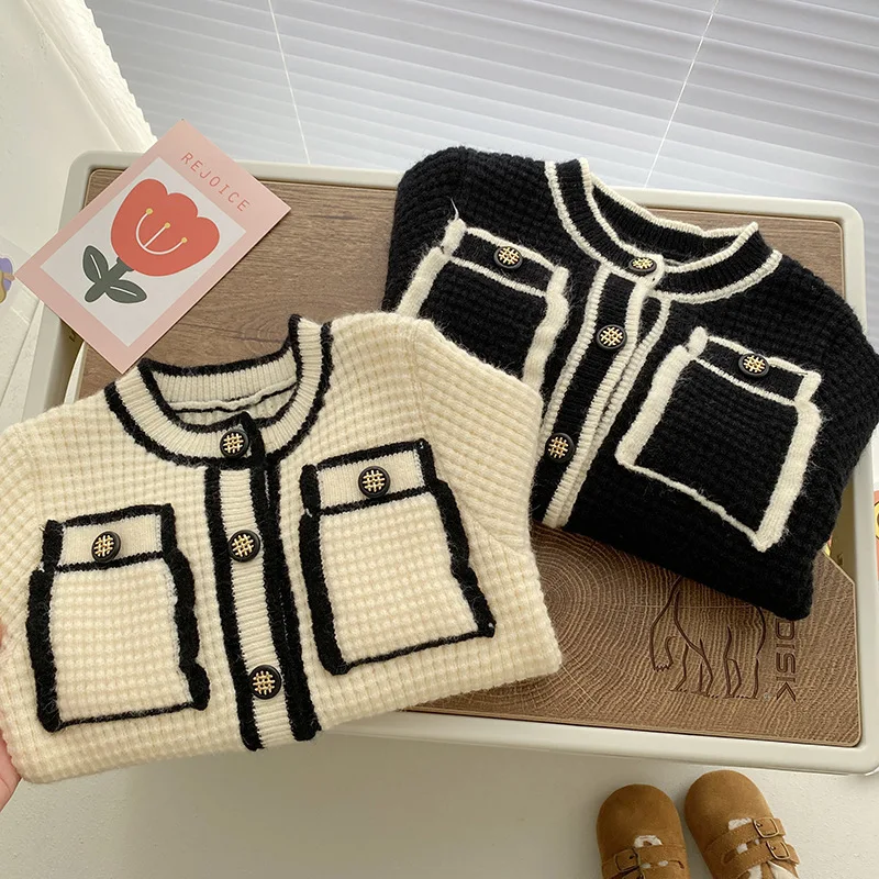 2023 Winter Toddler Girls Contrast Knitted Sweater Jackets Kids Clothes Spring Baby Girl Fashion Knitwear Children Cardigan Tops