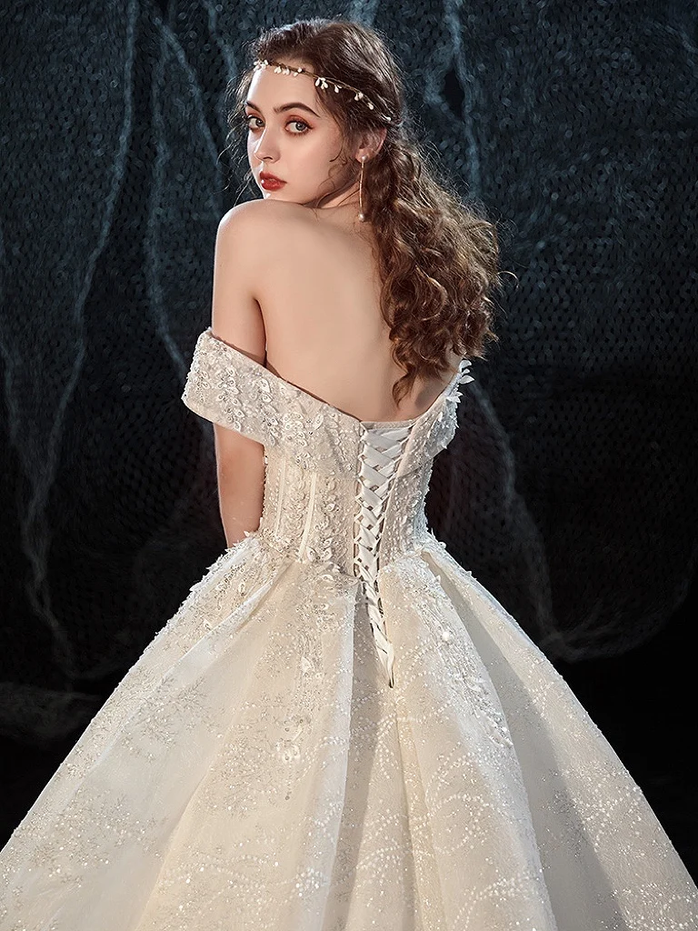 Luxury Wedding Dress Sweetheart Lace Up Flower Shiny Beaded Crystal Sequin Robe De Mariée Off The Shoulder Princess Bridal Gown