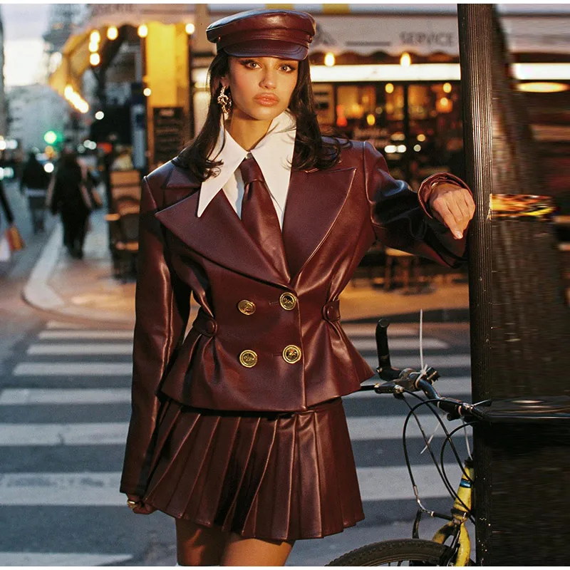 

Vintage Burgundy Leather Long Sleeve Lapel Button Coat High Waist Pleated Mini Skirt Sets 2024 Lady Mini Skirt Retro Fashin Suit