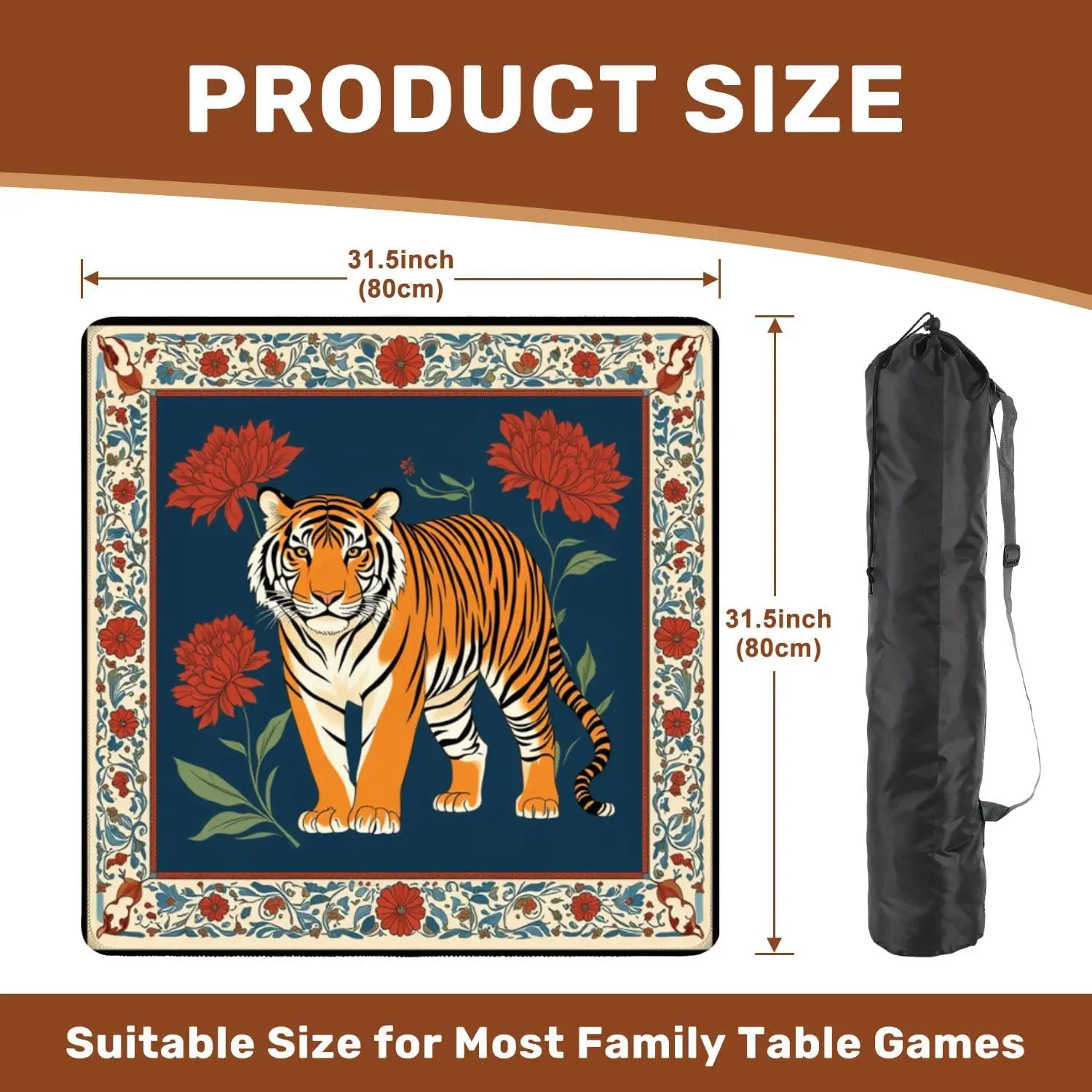 Mahjong 80cm Majestic Tiger Red Flowers Ornate Wear‑Resistant Deformation‑Resistant Mahjong Table Cover Card Game Family Party