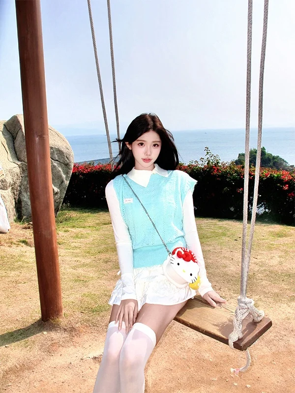 Mint Green Jacket Top Women's  Style Two-Piece Set Spring Summer New Arrival Forest System Girls' Fashion  Knot