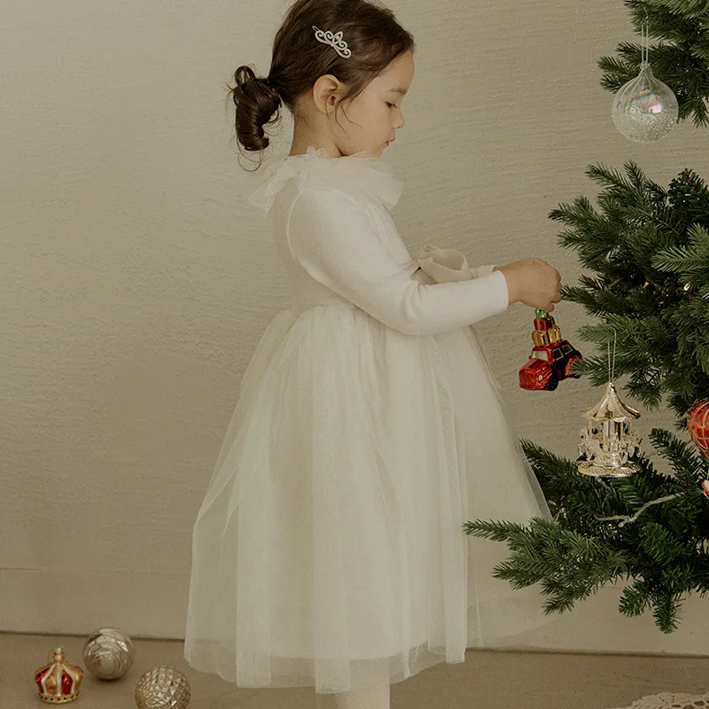 

2025Autumn Strawberry Shan Korean Girl Children's Three-Layer Mesh Lace Collar Bow Princess Dress