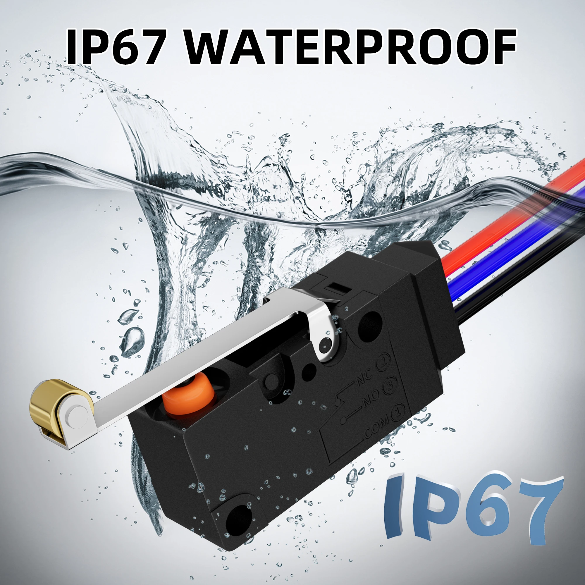 2PCS Waterproof Micro Limit Switch with Long Straight Roller Lever SPDT 3 PIN Pre-wired 10A 125 250V Micorswitch for Electronic
