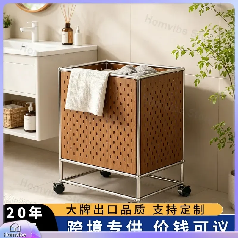 Stainless Steel Laundry Basket with Wheels Movable Storage Trolley for Dirty Clothes Sundries Organization in Living Room