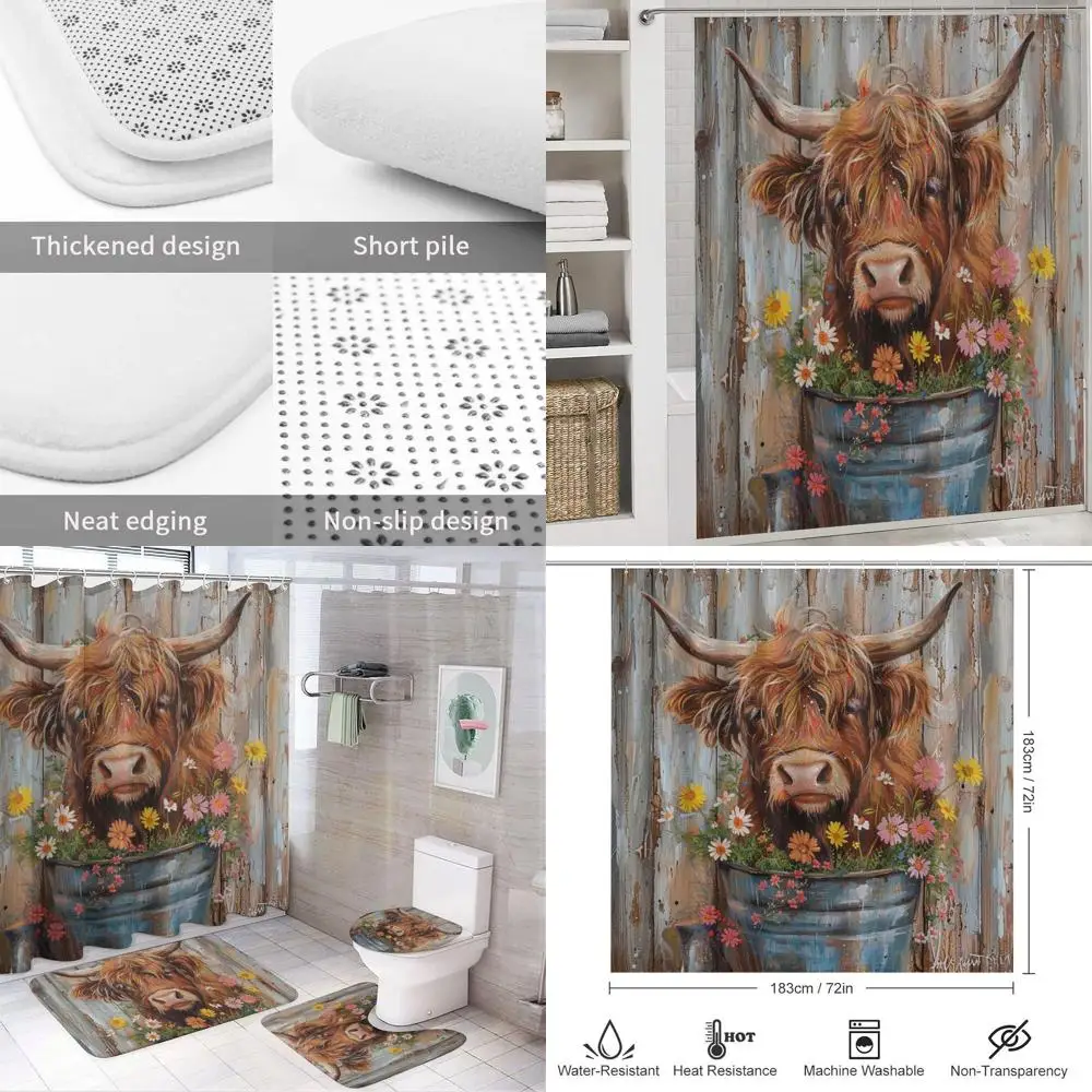 

Highland Cow Themed Bathroom Set: Shower Curtain, Rugs & Bath Mat in Nature Wildflower Design