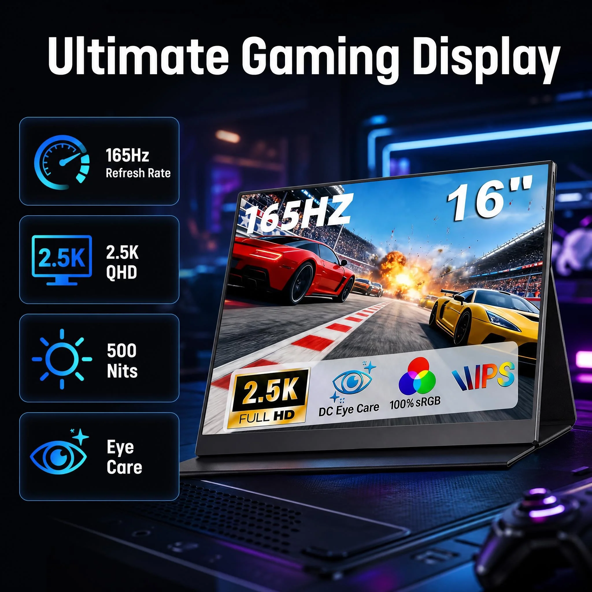 16 Inch 2.5K Portable Monitor, 165Hz 2560x1600 QHD IPS Display 500Nits 100% SRGB with VESA Magnetic Protective Case, External Se