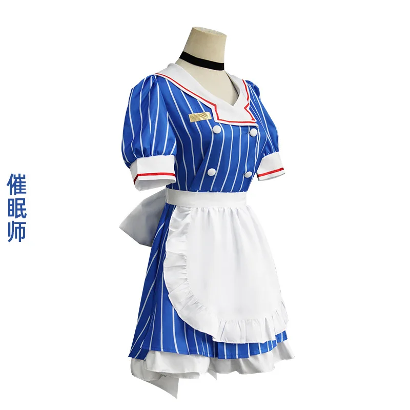 Anime Hypnotist Maid Uniform Cosplay Full Set Striped Maid Dress Aqua Twin Ponytail Wig For Role Play - view 4