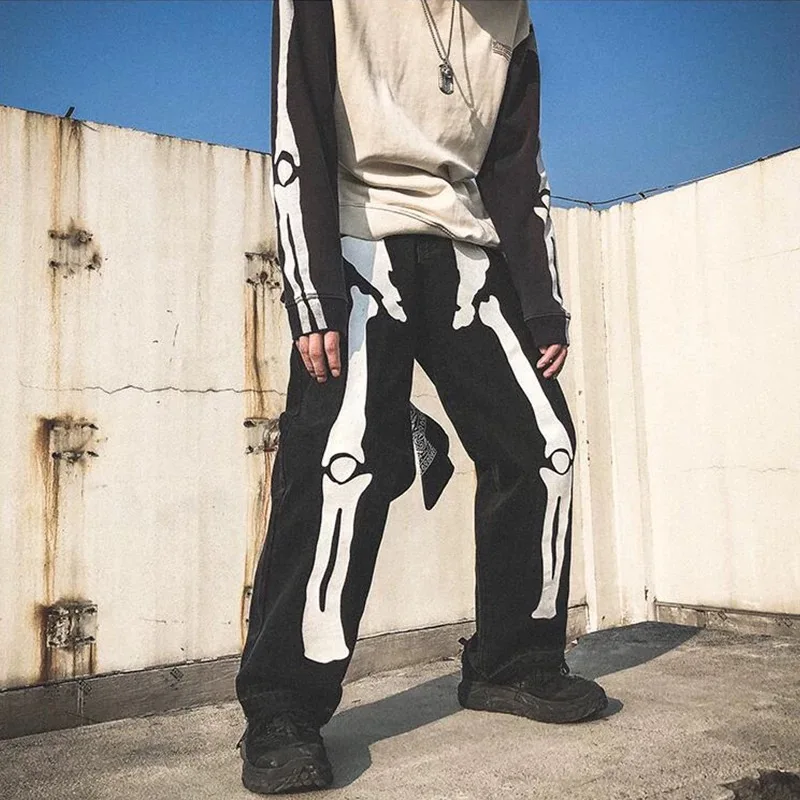 2023 Skull Print Zipper Casual Pant Streetwear Baggy Jeans Men Fashion Loose Straight Wide Leg Pants Male Brand Clothing Black