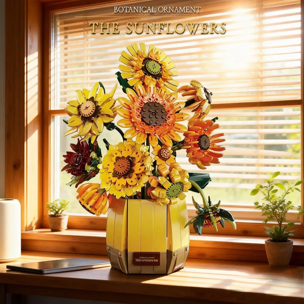 

Creative IDEAS Sunflower Romantic Building Blocks Flowers Bouquet Vase Model Rose 1328PCS Valentine MOC Decoration Toys Gifts