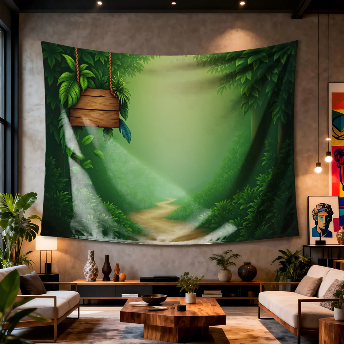 Wald-Wandteppich, Verzauberter Dschungel-Wandbehang, Grüne Natur-Landschaftskunst, Holzschaukel-Dekor, Fantasy-Raumposter für Schlafzimmer